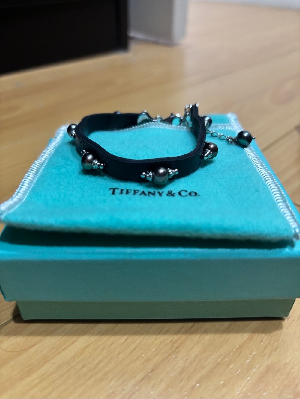 Tiffany & Co. Black Leather Bracelet with Silver Bead Accents